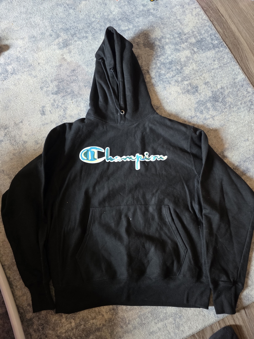 Champion Black Hoodie with Teal and White Script Logo